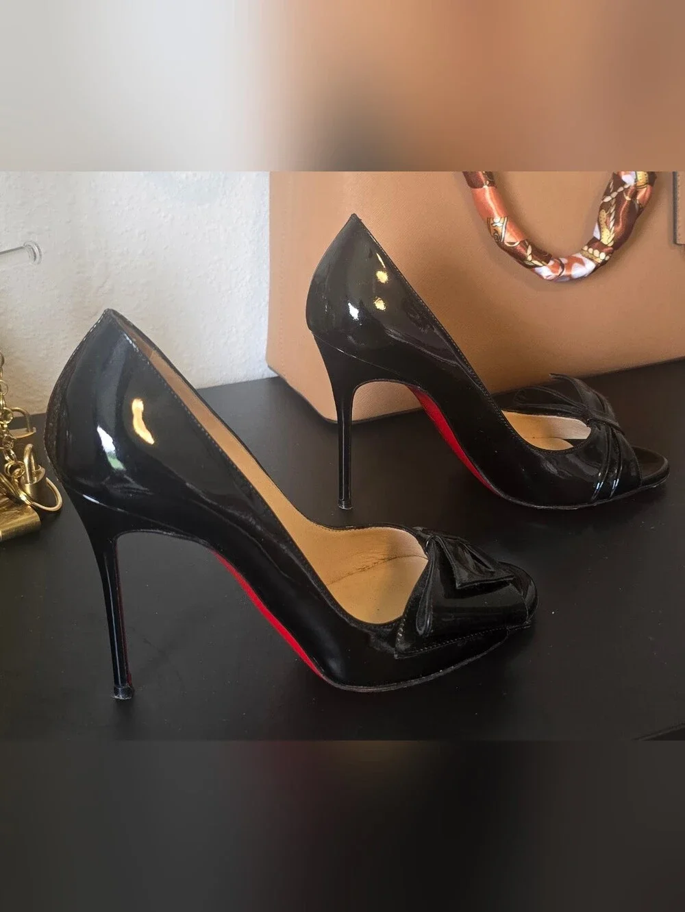Christian Louboutin Black Patent Bow Peep-Toe Pumps Sz35